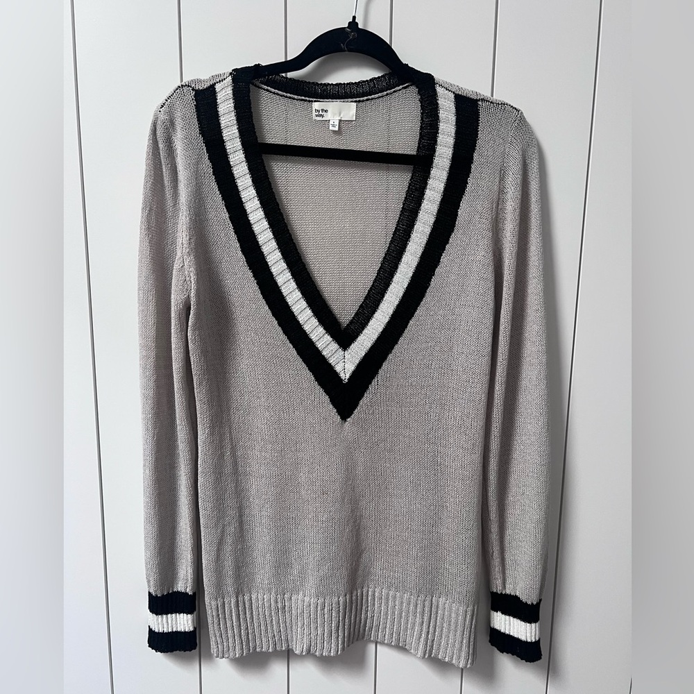by the way. Gray V-Neck Open Knit Sweater with Black and White Trim